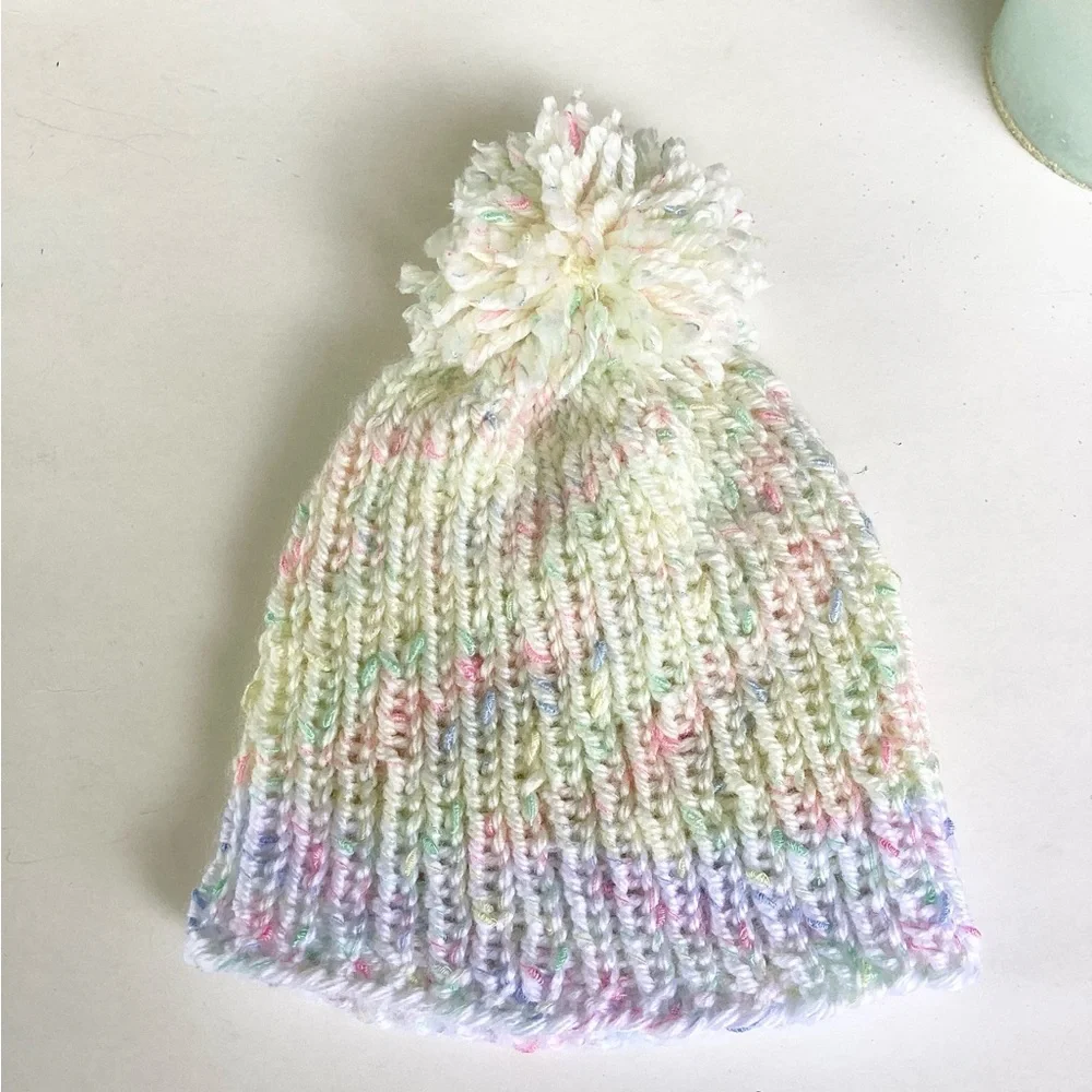 Baby Beanie Hat Hand Crafted Yellow White PomPom Knit